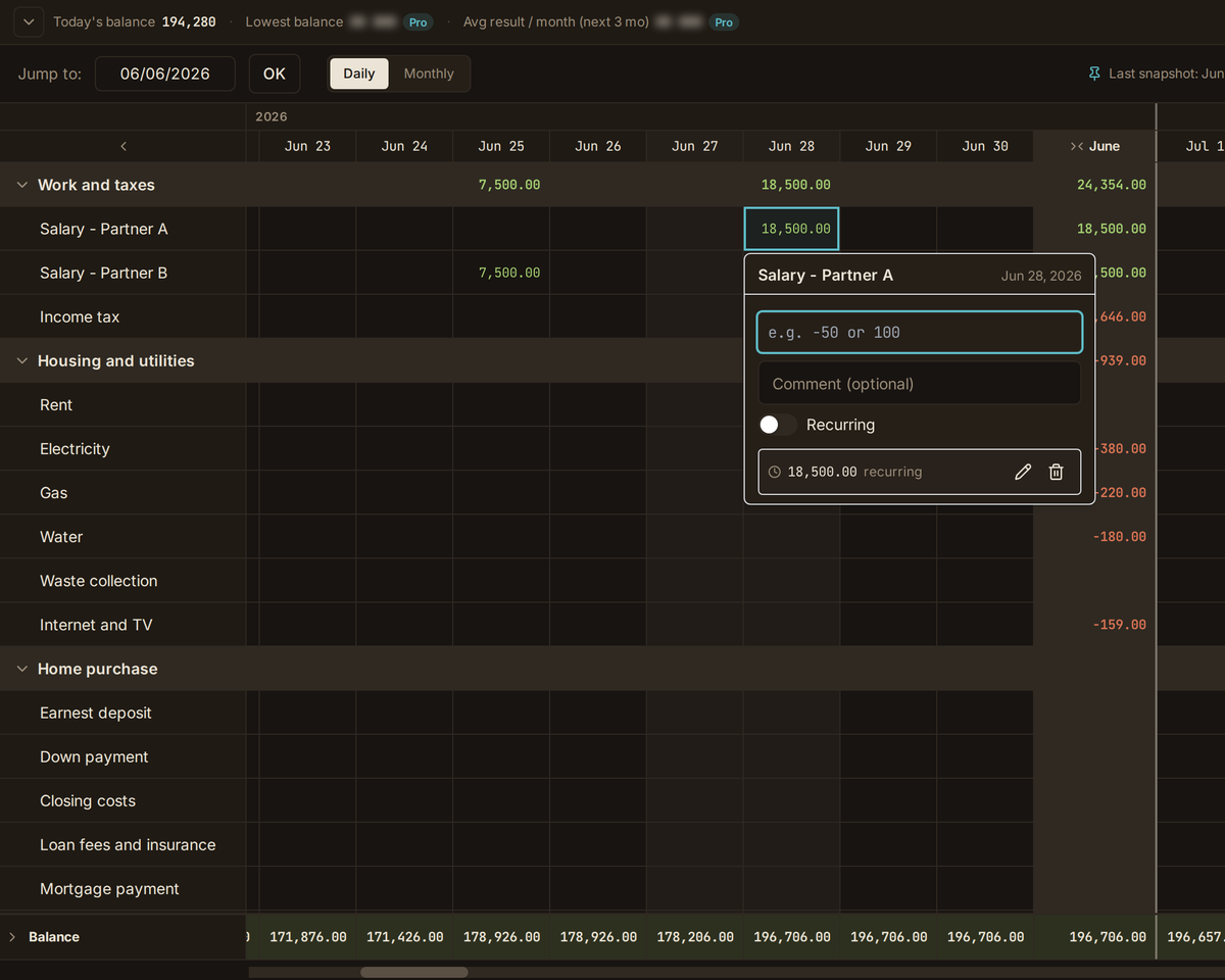 amiready sheet showing today's balance, lowest balance, expense categories and an open popover for a recurring transaction